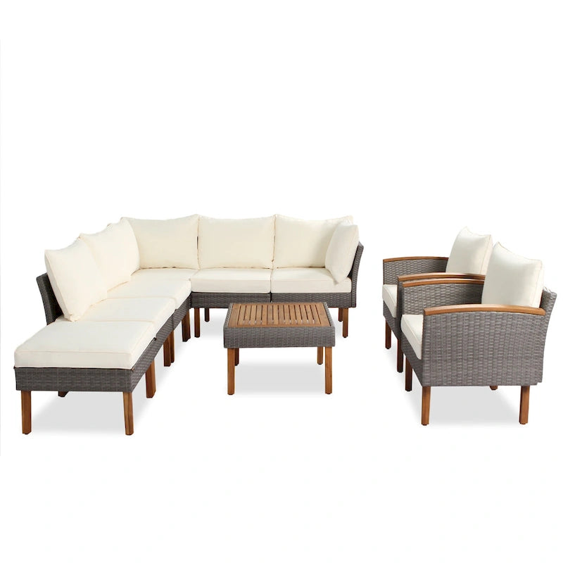Salon de jardin 9 pièces en rotin avec table basse et coussins lavables