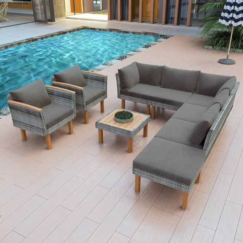 Salon de jardin 9 pièces en rotin avec table basse et coussins lavables