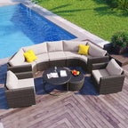 Ensemble de patio en osier demi-lune 9 pièces avec coussins et deux tables basses rondes