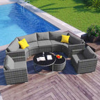 Ensemble de patio en osier demi-lune 9 pièces avec coussins et deux tables basses rondes
