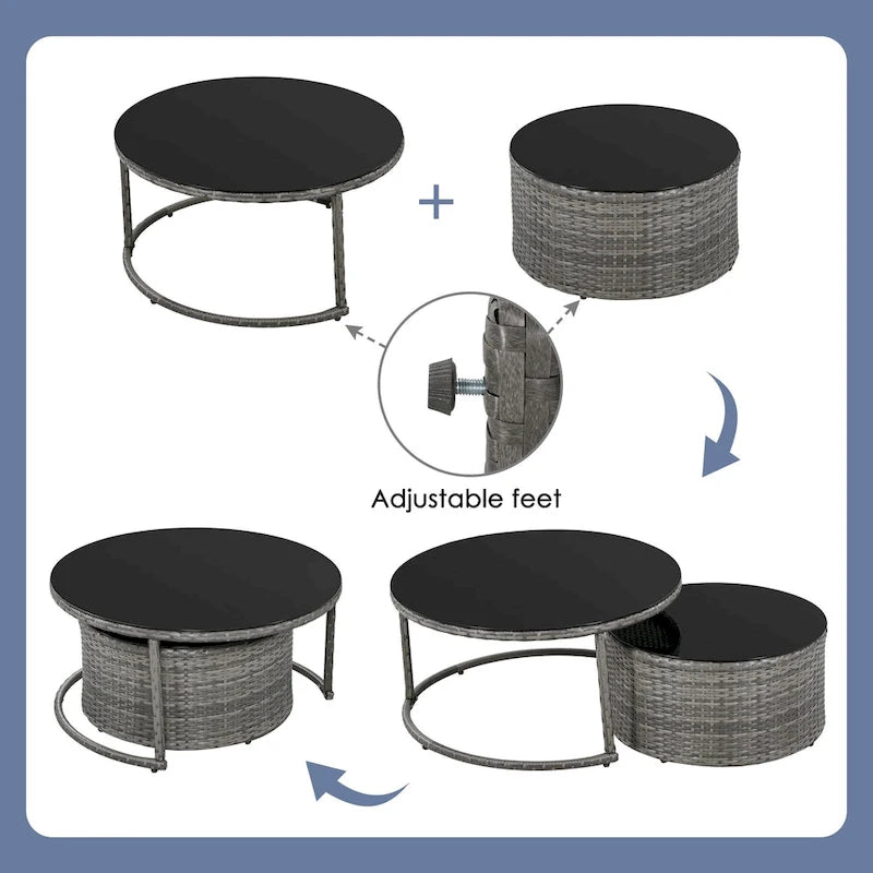 Ensemble de patio en osier demi-lune 9 pièces avec coussins et deux tables basses rondes