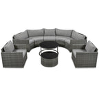 Ensemble de patio en osier demi-lune 9 pièces avec coussins et deux tables basses rondes