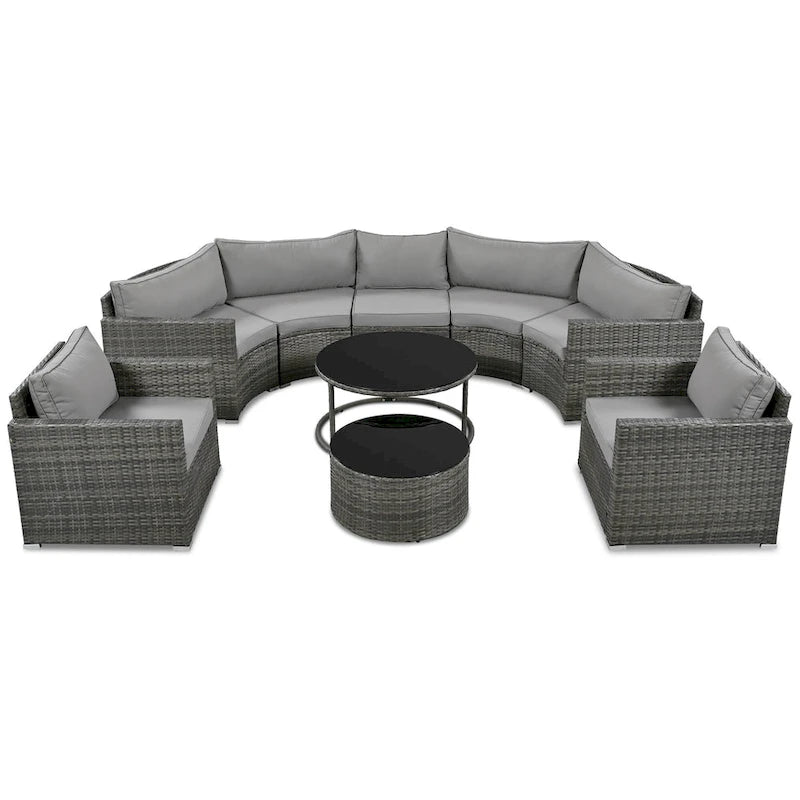 Ensemble de patio en osier demi-lune 9 pièces avec coussins et deux tables basses rondes