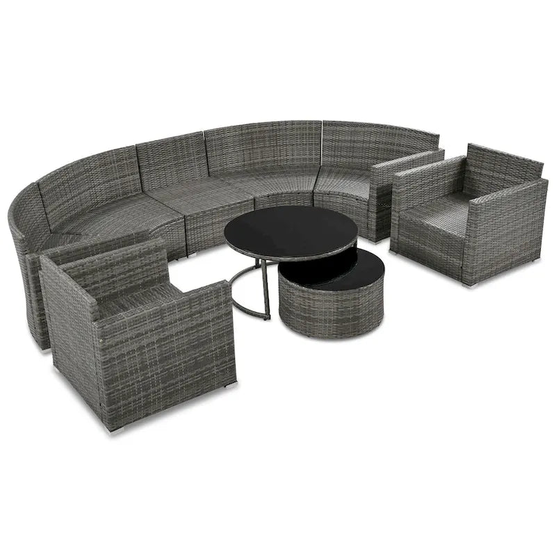Ensemble de patio en osier demi-lune 9 pièces avec coussins et deux tables basses rondes