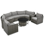 Ensemble de patio en osier demi-lune 9 pièces avec coussins et deux tables basses rondes