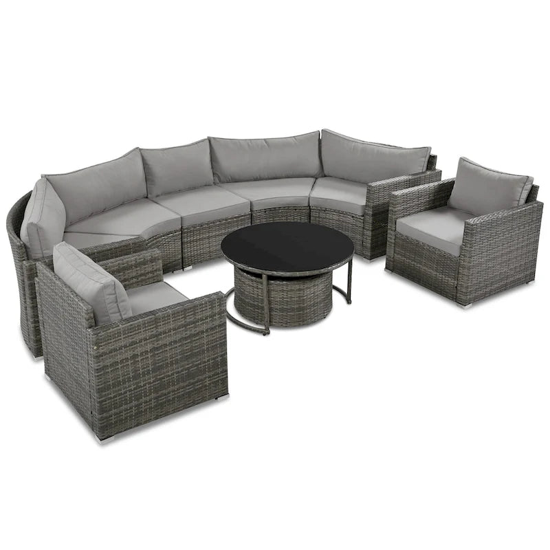 Ensemble de patio en osier demi-lune 9 pièces avec coussins et deux tables basses rondes