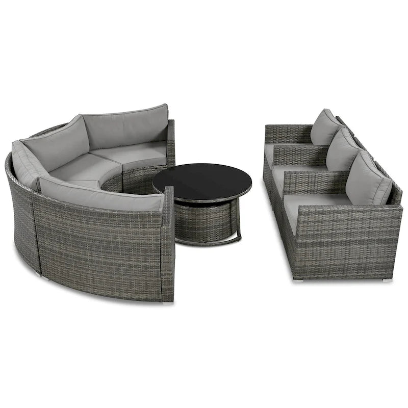 Ensemble de patio en osier demi-lune 9 pièces avec coussins et deux tables basses rondes