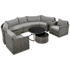Ensemble de patio en osier demi-lune 9 pièces avec coussins et deux tables basses rondes