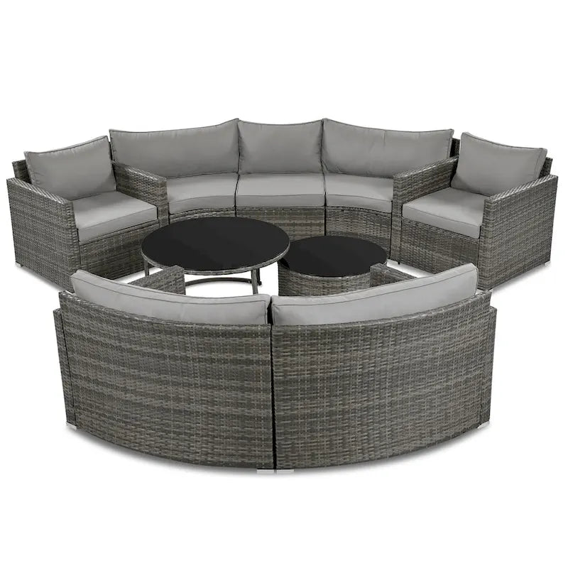 Ensemble de patio en osier demi-lune 9 pièces avec coussins et deux tables basses rondes