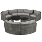 Ensemble de patio en osier demi-lune 9 pièces avec coussins et deux tables basses rondes