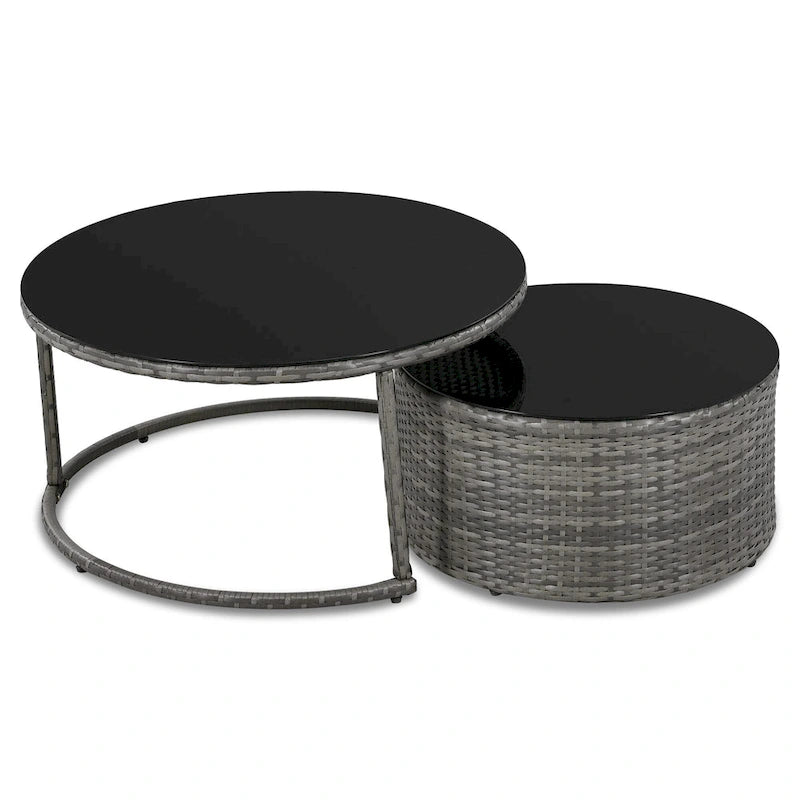 Ensemble de patio en osier demi-lune 9 pièces avec coussins et deux tables basses rondes