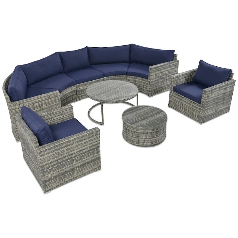 Ensemble de patio en osier demi-lune 9 pièces avec coussins et deux tables basses rondes