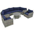 Ensemble de patio en osier demi-lune 9 pièces avec coussins et deux tables basses rondes