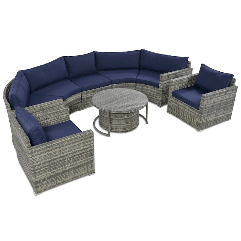 Ensemble de patio en osier demi-lune 9 pièces avec coussins et deux tables basses rondes