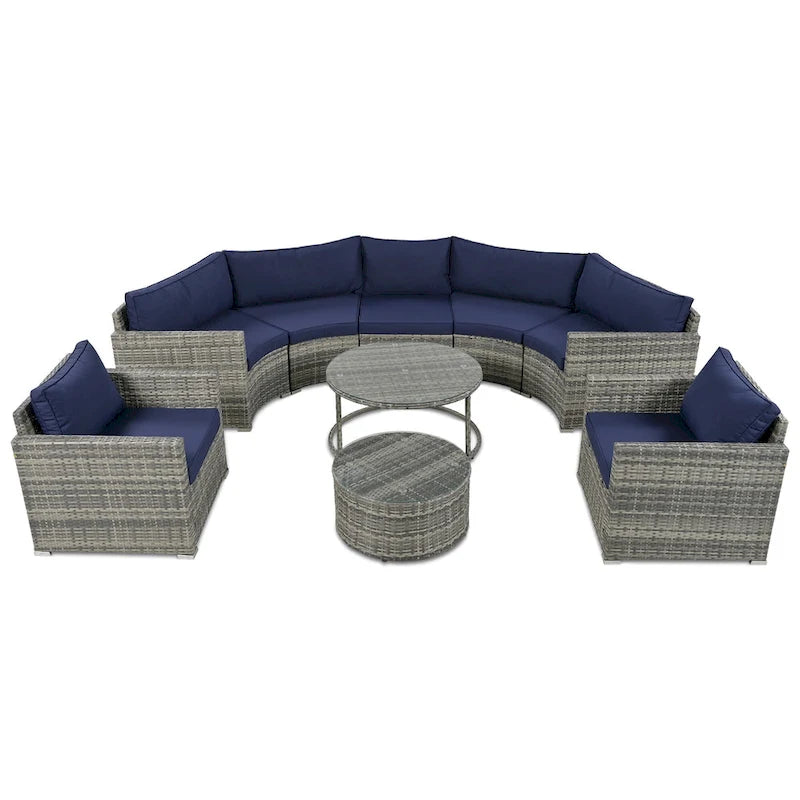 Ensemble de patio en osier demi-lune 9 pièces avec coussins et deux tables basses rondes