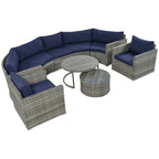 Ensemble de patio en osier demi-lune 9 pièces avec coussins et deux tables basses rondes