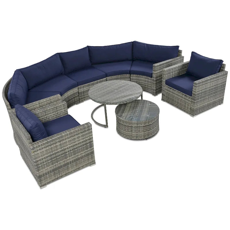 Ensemble de patio en osier demi-lune 9 pièces avec coussins et deux tables basses rondes