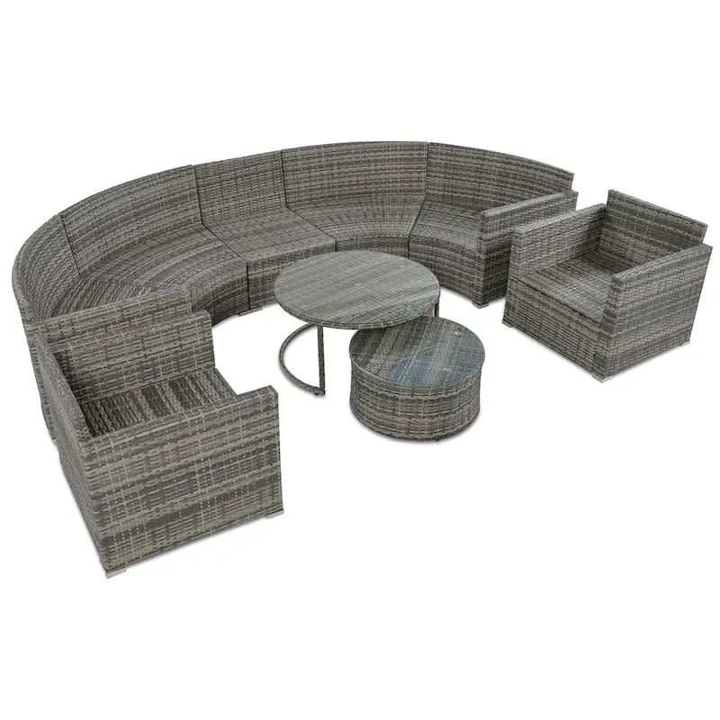 Ensemble de patio en osier demi-lune 9 pièces avec coussins et deux tables basses rondes