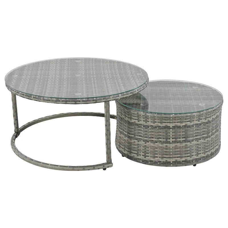 Ensemble de patio en osier demi-lune 9 pièces avec coussins et deux tables basses rondes