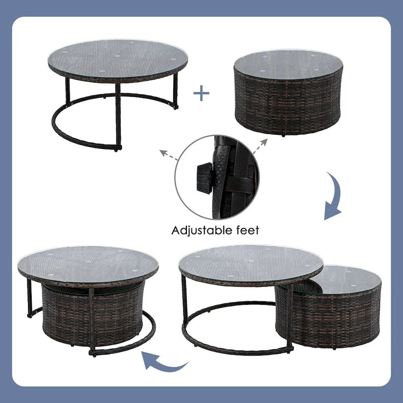 Ensemble de patio en osier demi-lune 9 pièces avec coussins et deux tables basses rondes