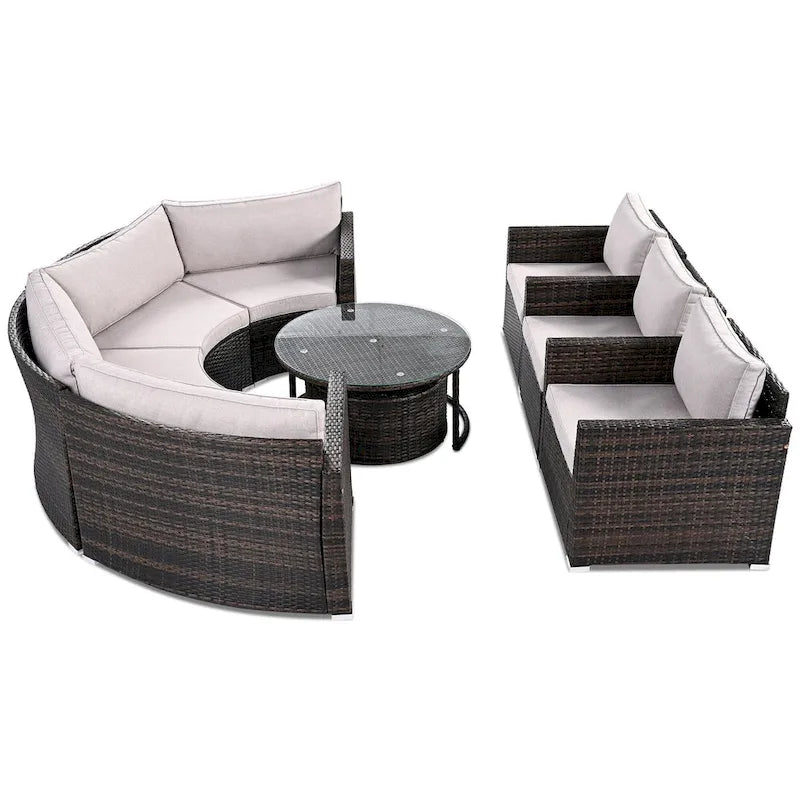 Ensemble de patio en osier demi-lune 9 pièces avec coussins et deux tables basses rondes