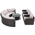 Ensemble de patio en osier demi-lune 9 pièces avec coussins et deux tables basses rondes
