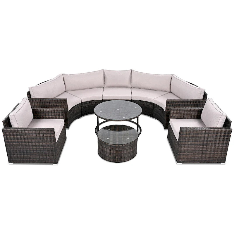 Ensemble de patio en osier demi-lune 9 pièces avec coussins et deux tables basses rondes