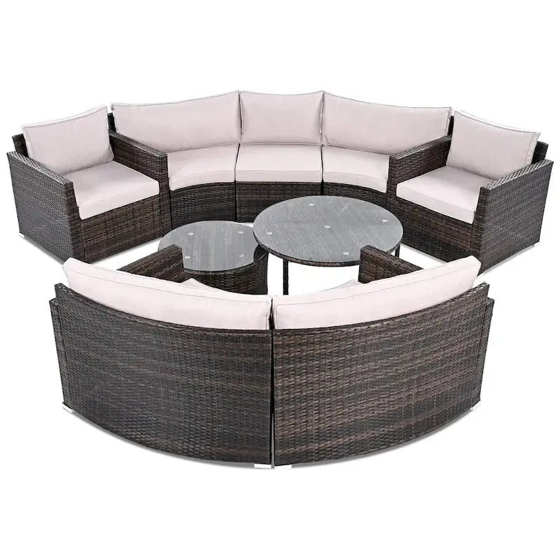 Ensemble de patio en osier demi-lune 9 pièces avec coussins et deux tables basses rondes