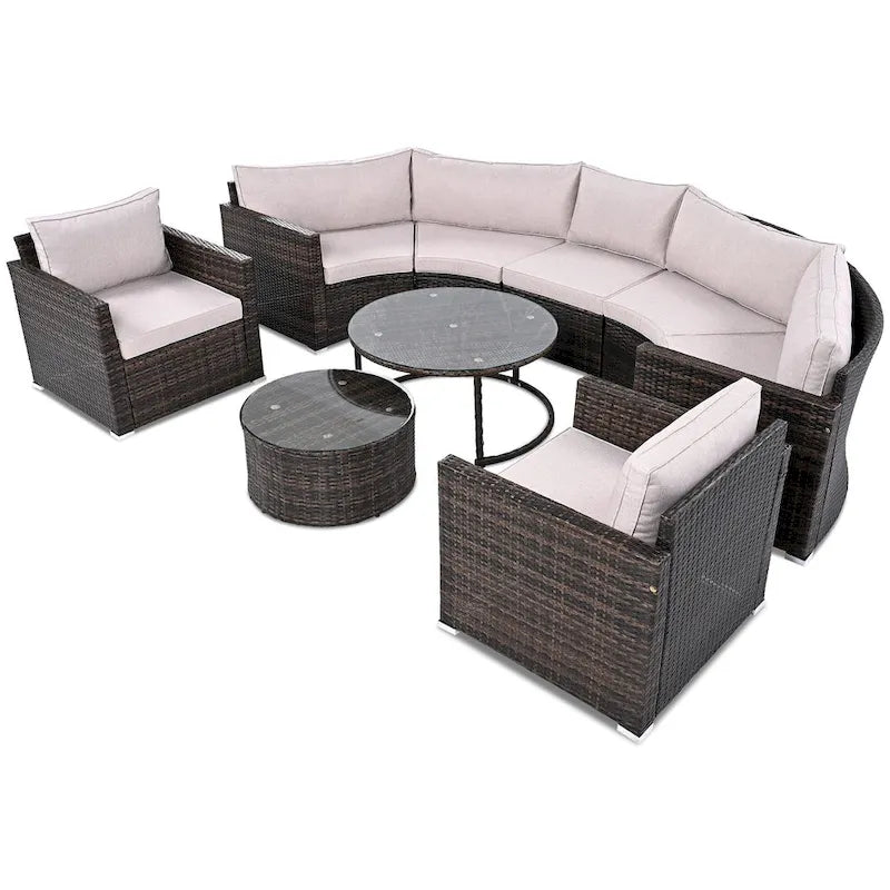 Ensemble de patio en osier demi-lune 9 pièces avec coussins et deux tables basses rondes