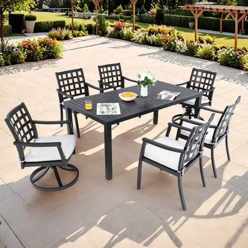 Ensemble de patio moderne de 7 pièces – Table rectangulaire et 6 chaises (2 fauteuils pivotants à bascule) – Aluminium moulé – Coussins Sunbrella – Résistant aux intempéries