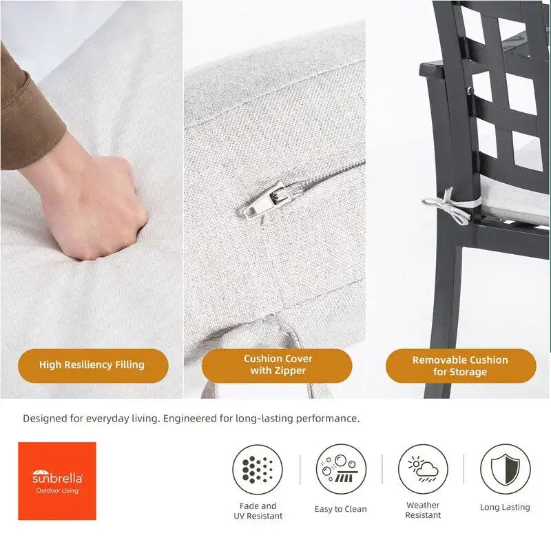 Ensemble de patio moderne de 7 pièces – Table rectangulaire et 6 chaises (2 fauteuils pivotants à bascule) – Aluminium moulé – Coussins Sunbrella – Résistant aux intempéries