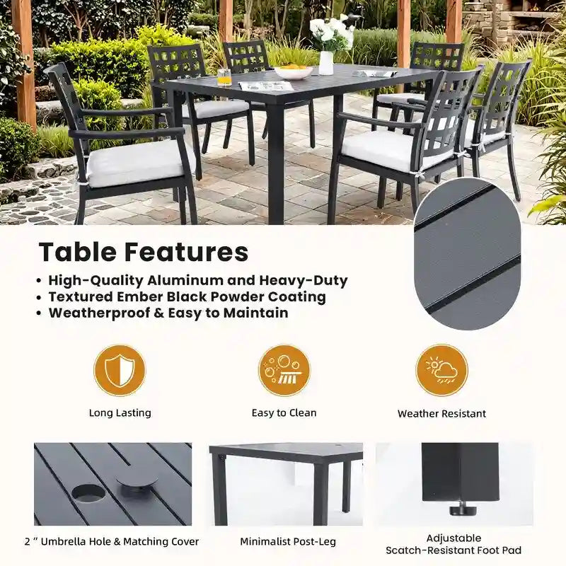 Ensemble de patio moderne de 7 pièces – Table rectangulaire et 6 chaises (2 fauteuils pivotants à bascule) – Aluminium moulé – Coussins Sunbrella – Résistant aux intempéries