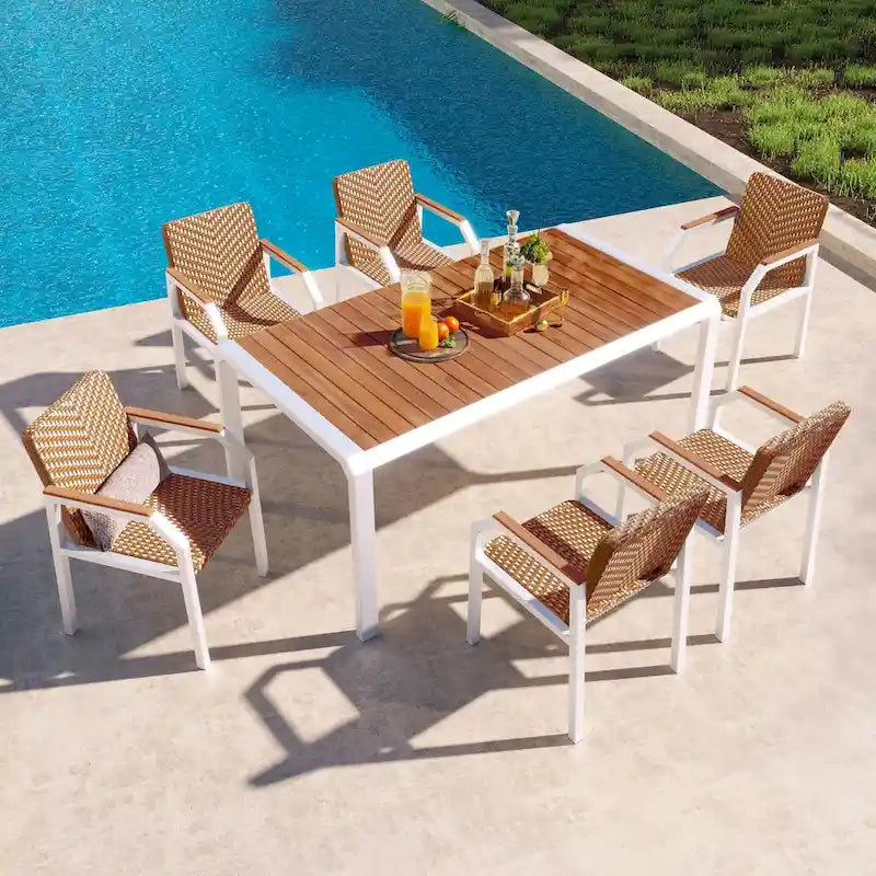 Ensemble de meubles d'extérieur en osier de 6 chaises, table de salle à manger de patio de 7 pièces avec plateau en bois, ensemble de salle à manger d'extérieur