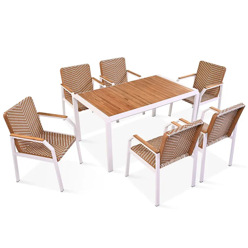 Ensemble de meubles d'extérieur en osier de 6 chaises, table de salle à manger de patio de 7 pièces avec plateau en bois, ensemble de salle à manger d'extérieur