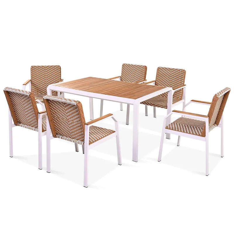 Ensemble de meubles d'extérieur en osier de 6 chaises, table de salle à manger de patio de 7 pièces avec plateau en bois, ensemble de salle à manger d'extérieur