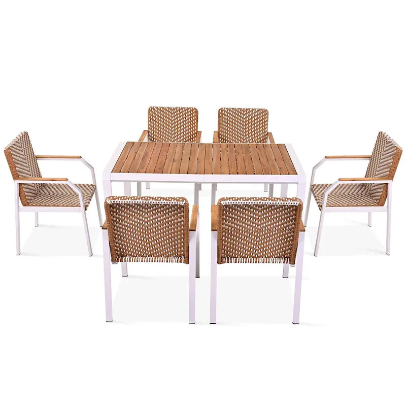 Ensemble de meubles d'extérieur en osier de 6 chaises, table de salle à manger de patio de 7 pièces avec plateau en bois, ensemble de salle à manger d'extérieur
