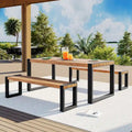 Table de salle à manger d'extérieur 3 pièces avec 2 bancs, plateau en bois d'acacia et cadre en acier