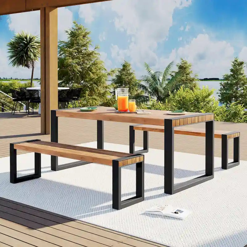 Table de salle à manger d'extérieur 3 pièces avec 2 bancs, plateau en bois d'acacia et cadre en acier