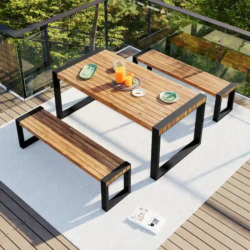 Table de salle à manger d'extérieur 3 pièces avec 2 bancs, plateau en bois d'acacia et cadre en acier
