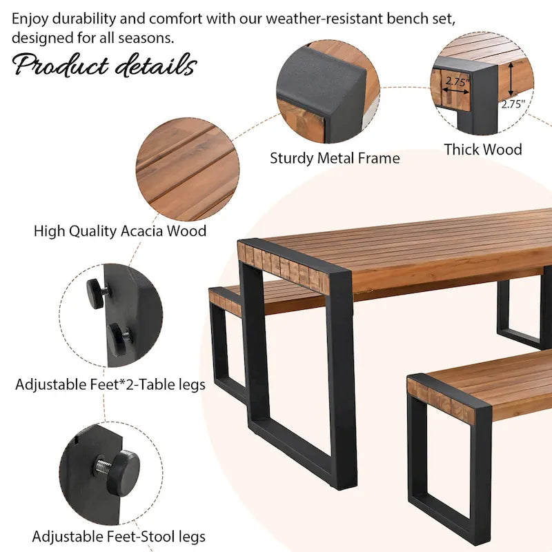 Table de salle à manger d'extérieur 3 pièces avec 2 bancs, plateau en bois d'acacia et cadre en acier