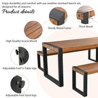 Table de salle à manger d'extérieur 3 pièces avec 2 bancs, plateau en bois d'acacia et cadre en acier