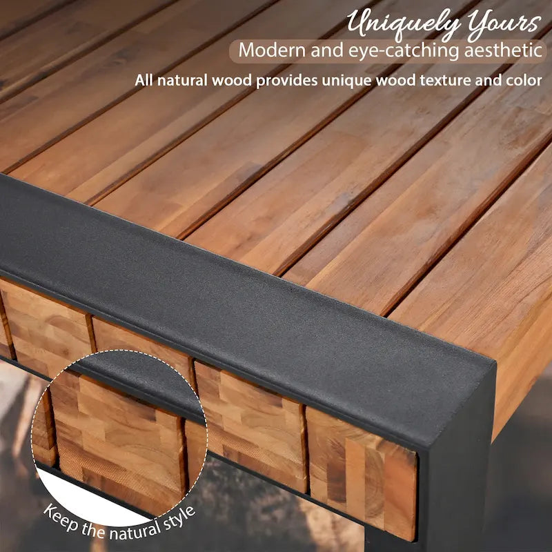 Table de salle à manger d'extérieur 3 pièces avec 2 bancs, plateau en bois d'acacia et cadre en acier