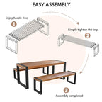 Table de salle à manger d'extérieur 3 pièces avec 2 bancs, plateau en bois d'acacia et cadre en acier