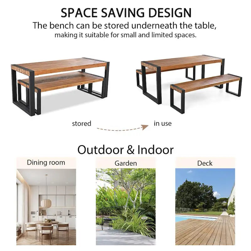 Table de salle à manger d'extérieur 3 pièces avec 2 bancs, plateau en bois d'acacia et cadre en acier