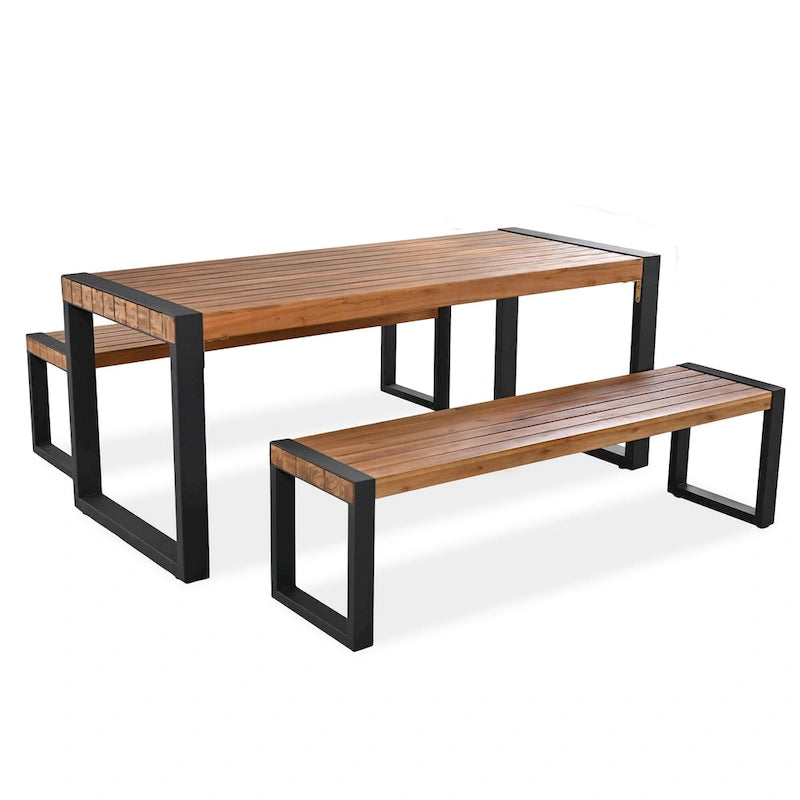 Table de salle à manger d'extérieur 3 pièces avec 2 bancs, plateau en bois d'acacia et cadre en acier