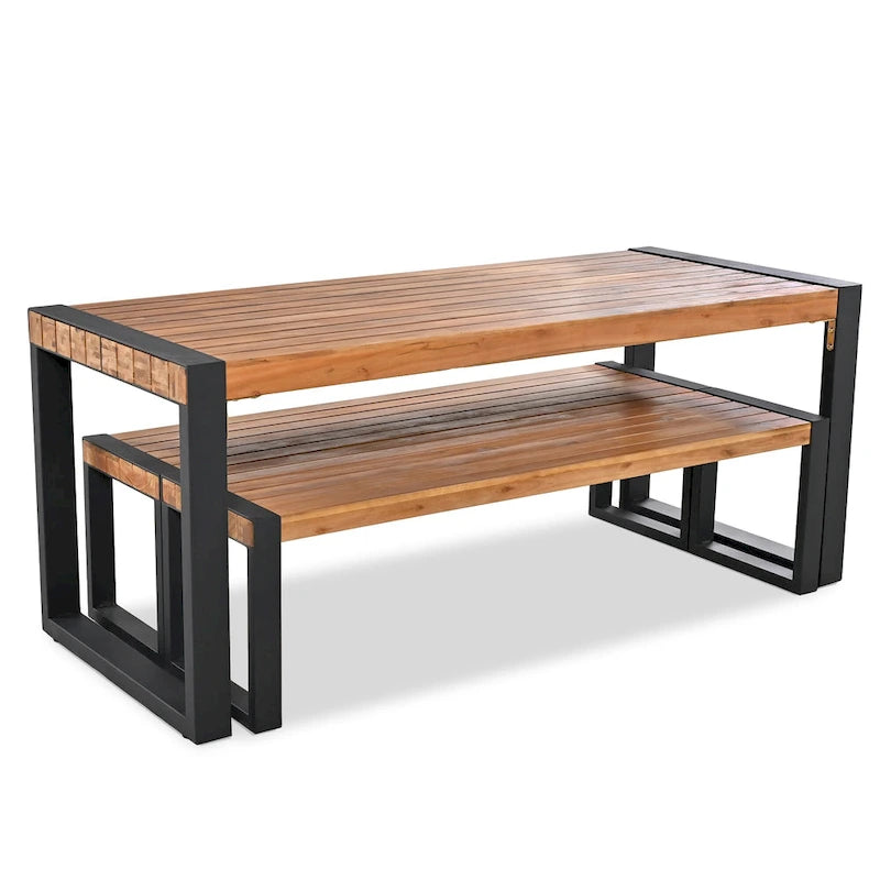 Table de salle à manger d'extérieur 3 pièces avec 2 bancs, plateau en bois d'acacia et cadre en acier