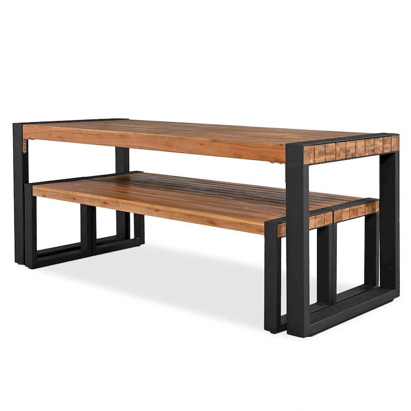 Table de salle à manger d'extérieur 3 pièces avec 2 bancs, plateau en bois d'acacia et cadre en acier