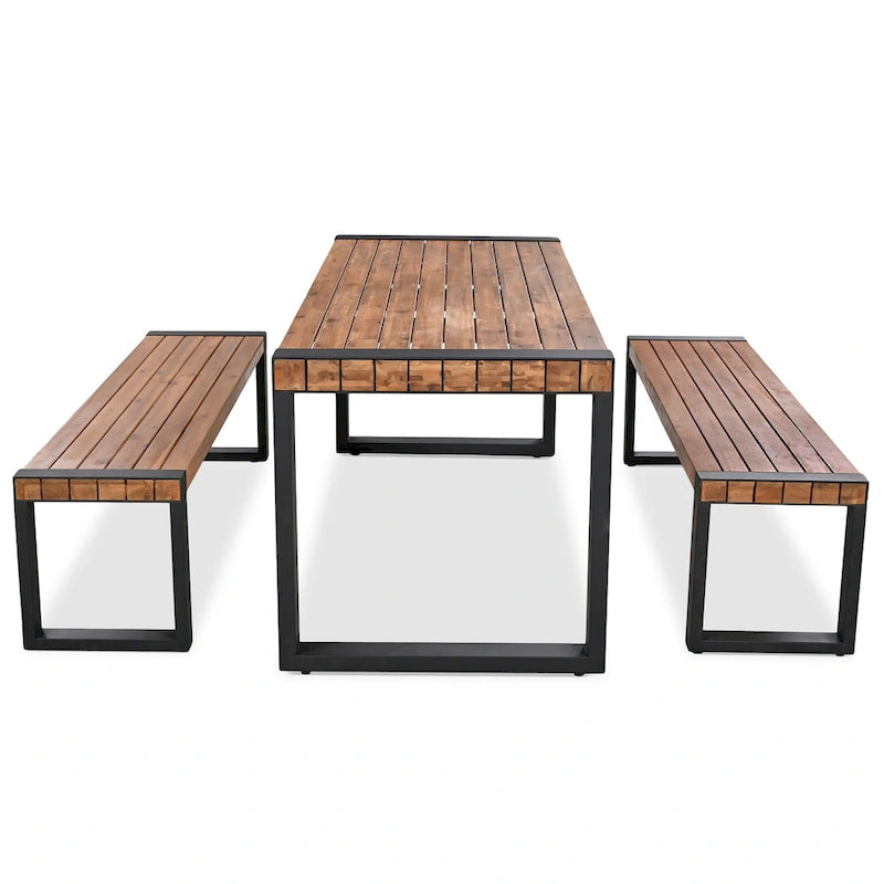 Table de salle à manger d'extérieur 3 pièces avec 2 bancs, plateau en bois d'acacia et cadre en acier