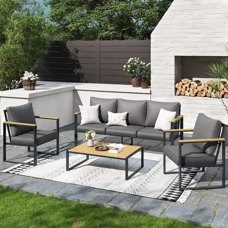 Ensembles de meubles d'extérieur 4 pièces, ensembles de conversation de patio modernes en fer avec canapé et coussin gris, cadre en grain de bois synthétique, table basse