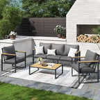 Ensembles de meubles d'extérieur 4 pièces, ensembles de conversation de patio modernes en fer avec canapé et coussin gris, cadre en grain de bois synthétique, table basse